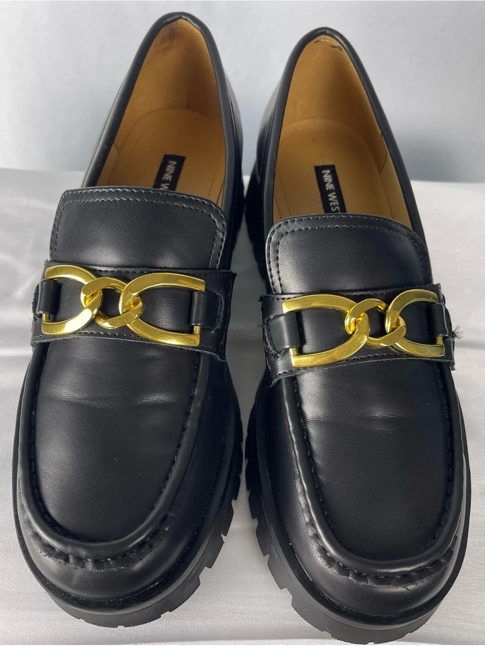 Nine West Black Leather Loafers with Gold Chain Accent